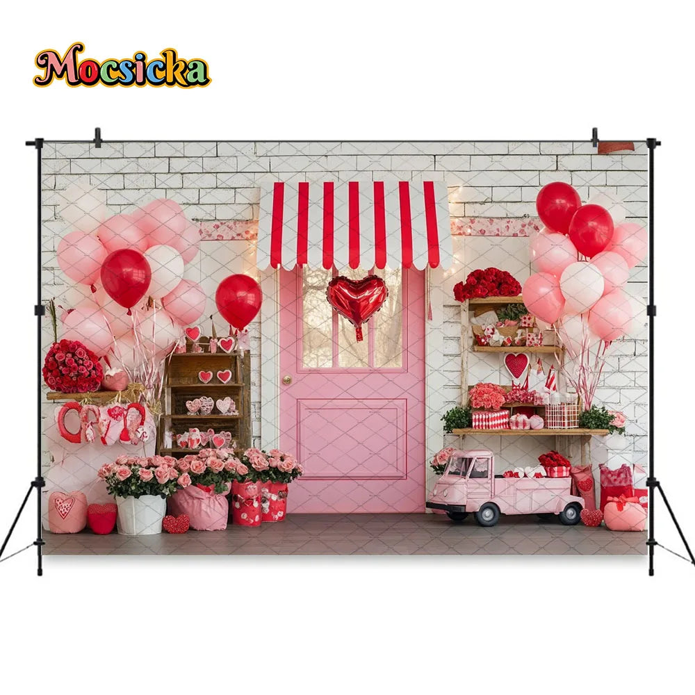 Mocsicka Valentine's Day Shop Backdrop Photography Pink Storefront Heart Balloon Red Rose Background Kids Birthday Photo Studio