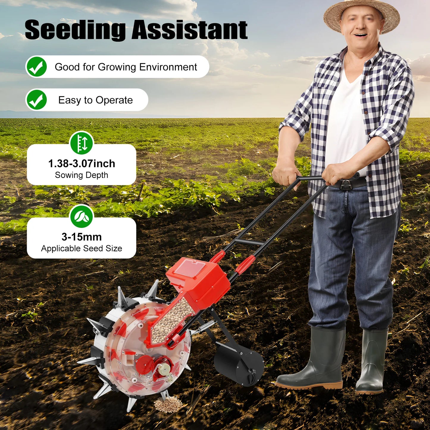 Garden Push Seeder Adjustable Sowing Depth Accurate Seed Distribution Hand-Push Seeder for Easy Harvesting
