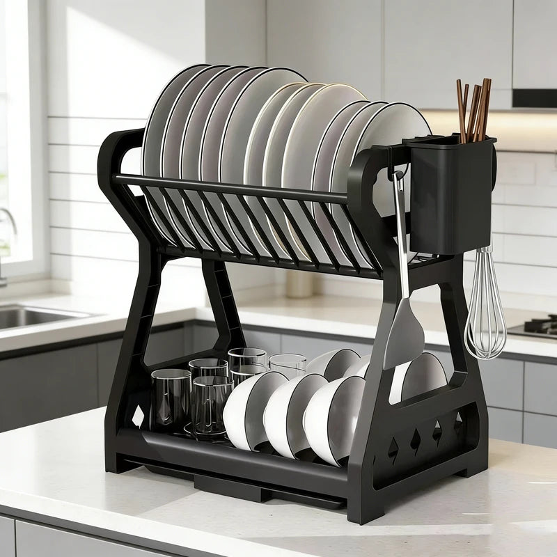 Kitchen Multifunctional Storage Rack, Bowl And Plate Organiser With Drainage Rack, Countertop Cutlery Storage Rack