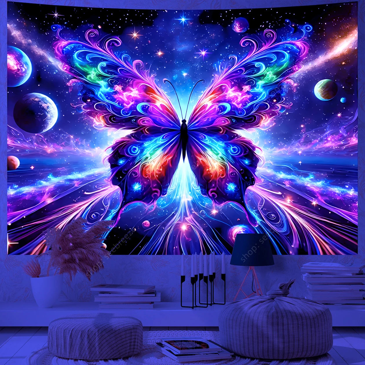 Butterfly Flower UV Reactive Tapestry Wall Hanging Hippie Boho Room Decor