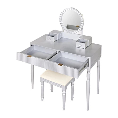 Vanity Desk With Round Mirror Height-Adjustable  Stylish Dressing Table Set  4 Drawers & Stool  Sier