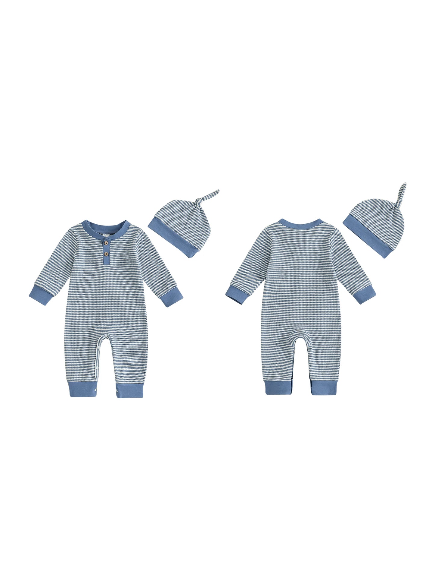 Toddler Boy Autumn Outfit Set Long Sleeve Striped Romper with Matching Hat for Baby Boys 2 Piece Jumpsuit Ensemble