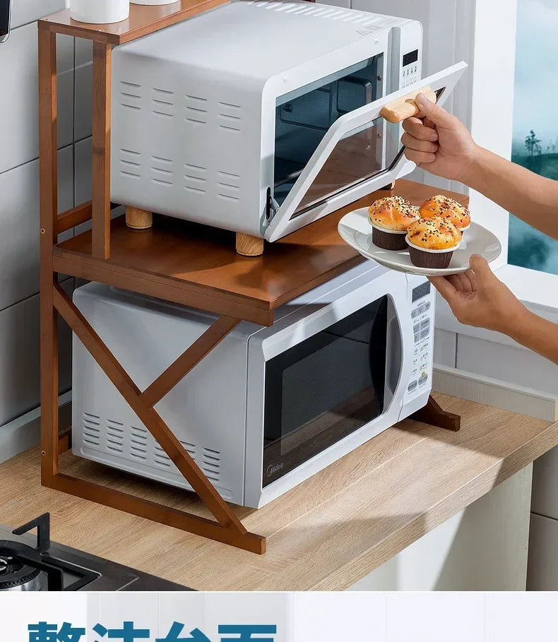 Kitchen Shelf Countertop Double Microwave Oven Shelf Desktop Seasoning Oven Storage Rack Bamboo Solid Wood
