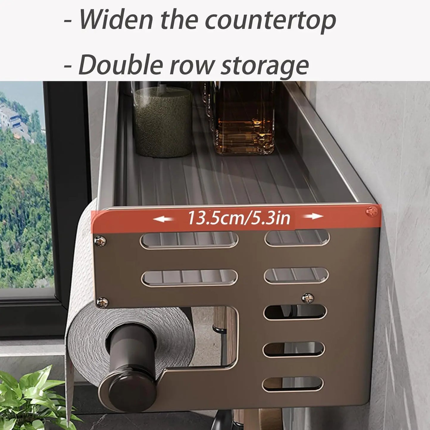Wall Mount Utensil Holder Multifunctional Spice Organiser Shelf with Hooks Kitchen Hanging Storage Wall Shelf