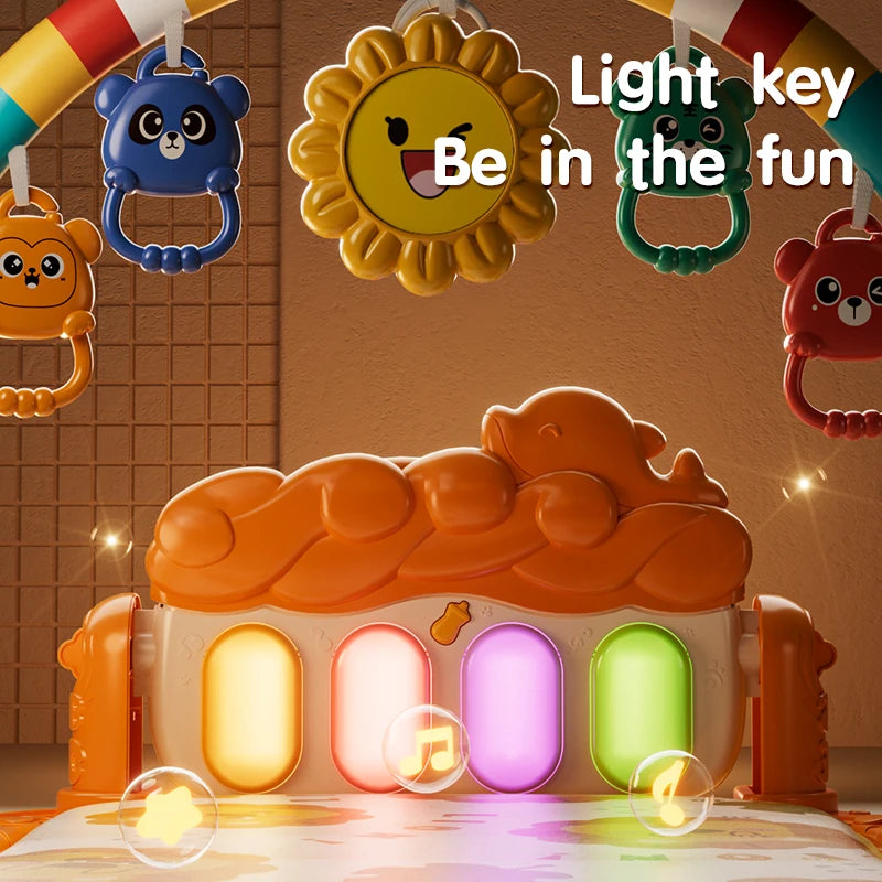 Baby Activity Play Mat with Music & Lights, 5 Detachable Sensory Toys Kick Piano Mat, Tummy Time Game Playmat Easy Assembly Moto