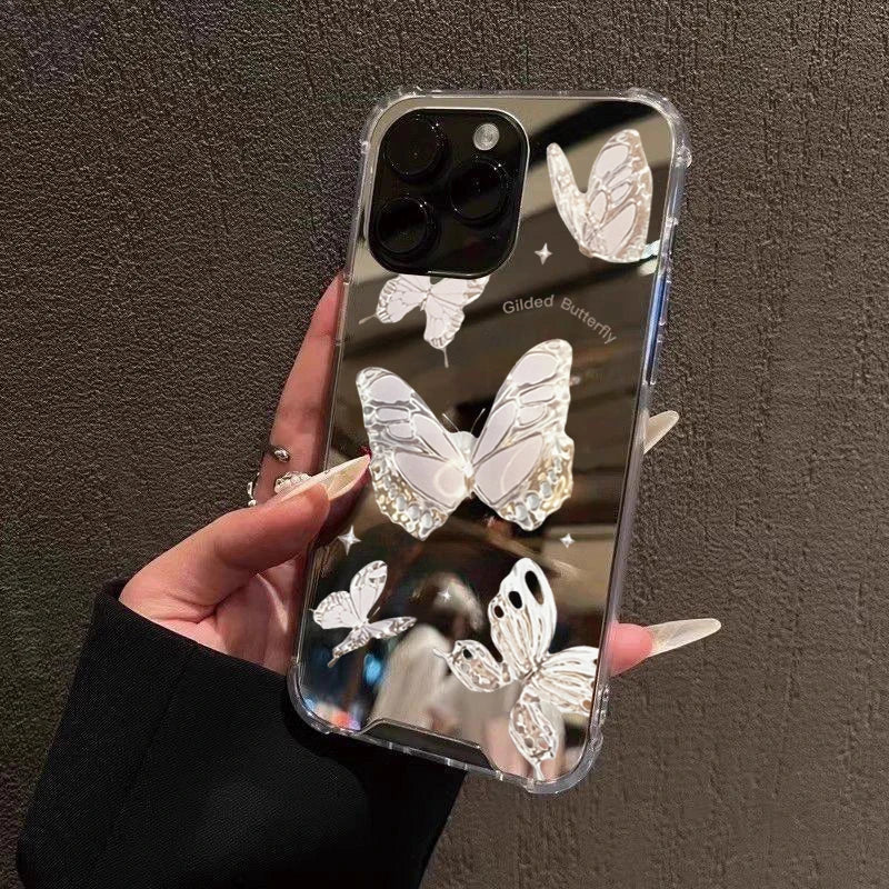 Pink Butterfly Mirror Phone Case For iPhone 16 15 14 13 12 11 Pro Max XS X XR 7 8 Plus SE Make Up Mirror Shockproof Soft Cover
