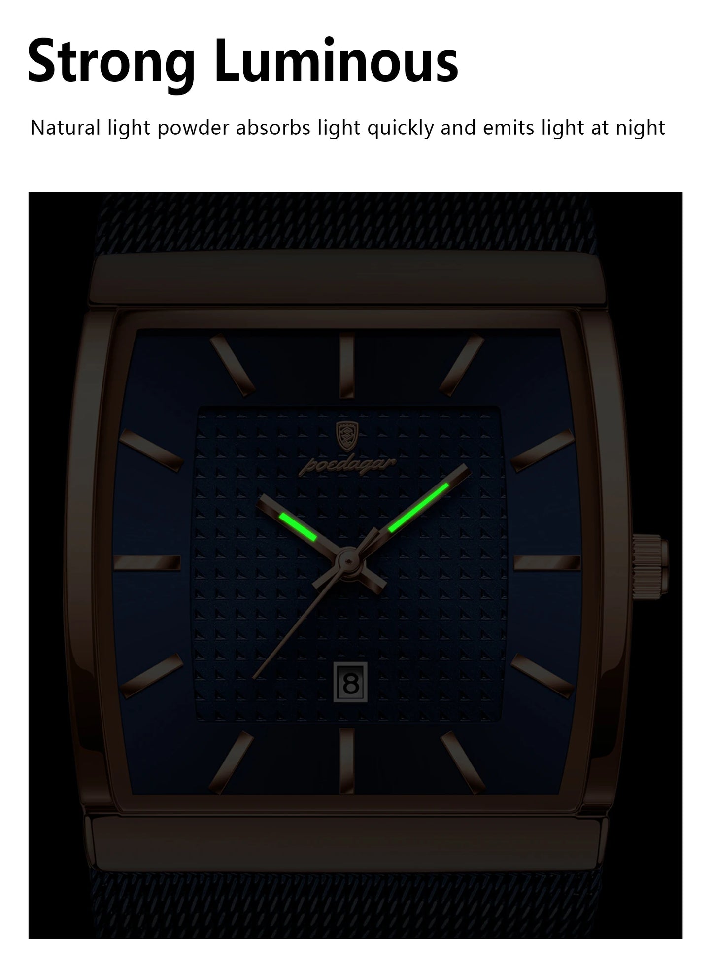 POEDAGAR Top Original Men Watch Waterproof Luminous Date Rectangle Man Wristwatch Mesh Stainless Steel Men's Quartz Watches Male