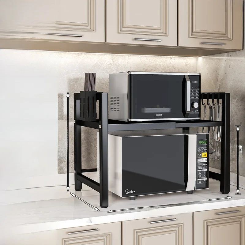 Kitchen Microwave Oven Rack Double Layer Expandable Multi Functional Home Appliance Storage Shelf Carbon Steel No Installatio...