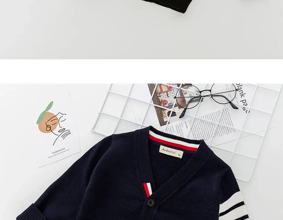 Kids Striped Knit Cardigan – Soft Cotton V-Neck Sweater for Boys & Girls, Warm Autumn Winter Knitwear