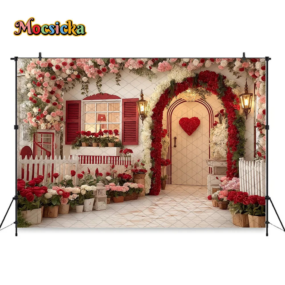Mocsicka Valentines Day Flower Shop Backdrop Photography Red White Striped Floral Garden Background Kid Photo Shoot Studio Decor