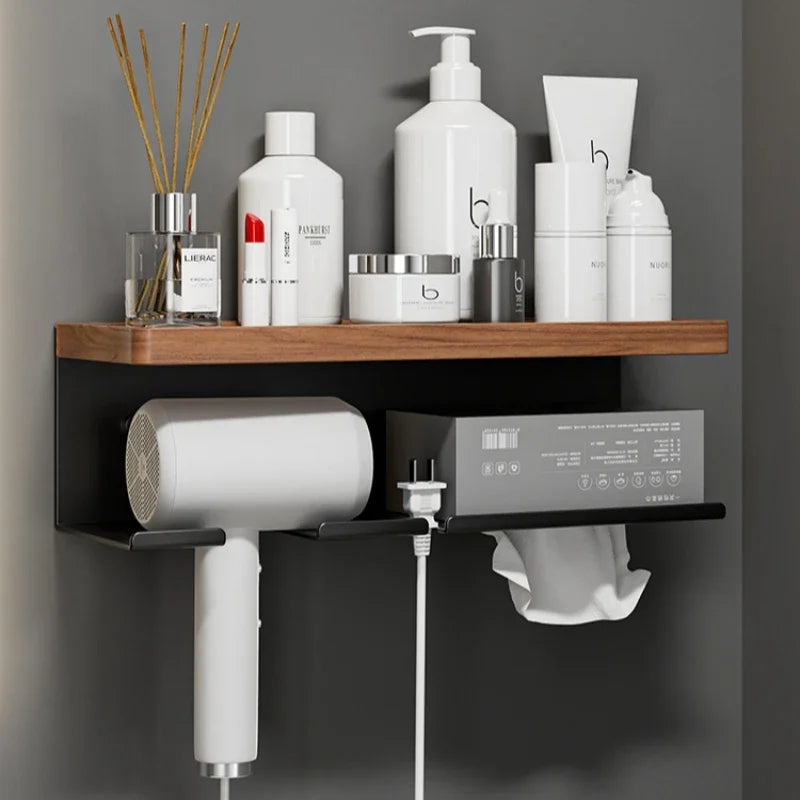 Modern Wooden Bathroom Wall Storage Rack – Shelves, Towel Bar & Hooks Set