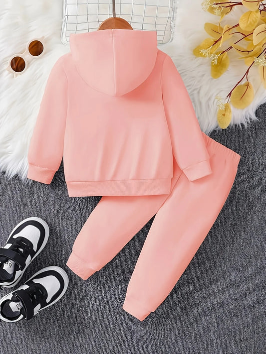 Baby girl cute cartoon cat pattern long sleeved fleece hooded sweat shirt+casual simple pants set, spring and autumn two-piece set
