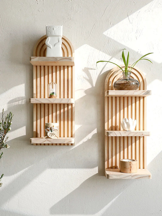 Boho Arch Wooden Wall Shelf – 3-Tier Floating Shelf for Home Decor