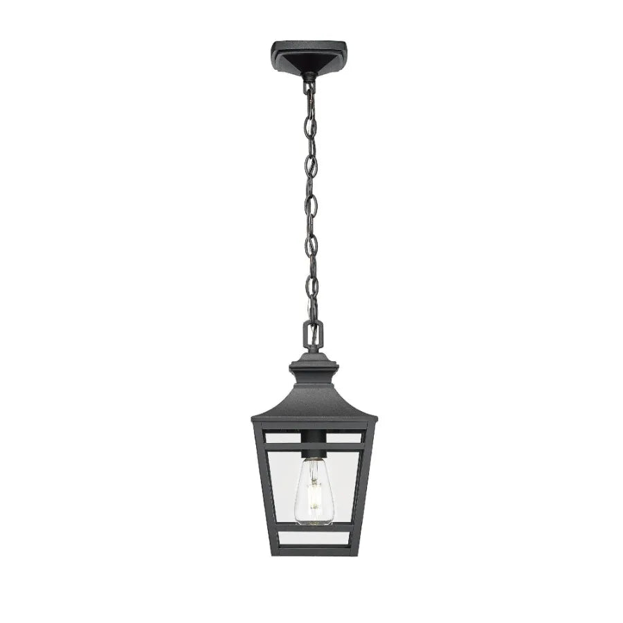 Outdoor Pendant Light E26 Socket 14.5'' Modern Exterior Hanging Light Fixture with Clear Glass Farmhouse Black Metal Outside Ch