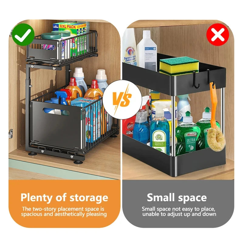 2 Tier Pull Out Cabinet Organiser Adjustable Under Sink Storage Rack Slide Out Drawer Kitchen Spice Jar Storage Shelf