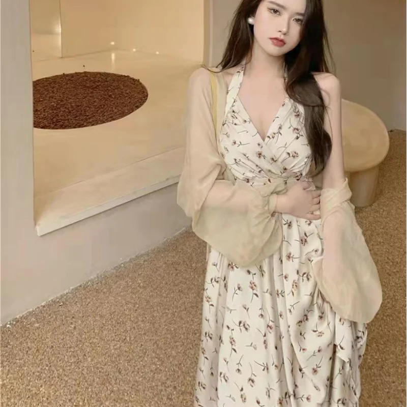 Summer New Gentle Wind Fragmented Flower V-Neck Sling Dress Set Waist Wrap Neck Hanging Long Dress Thin Sun Protection Cardigan