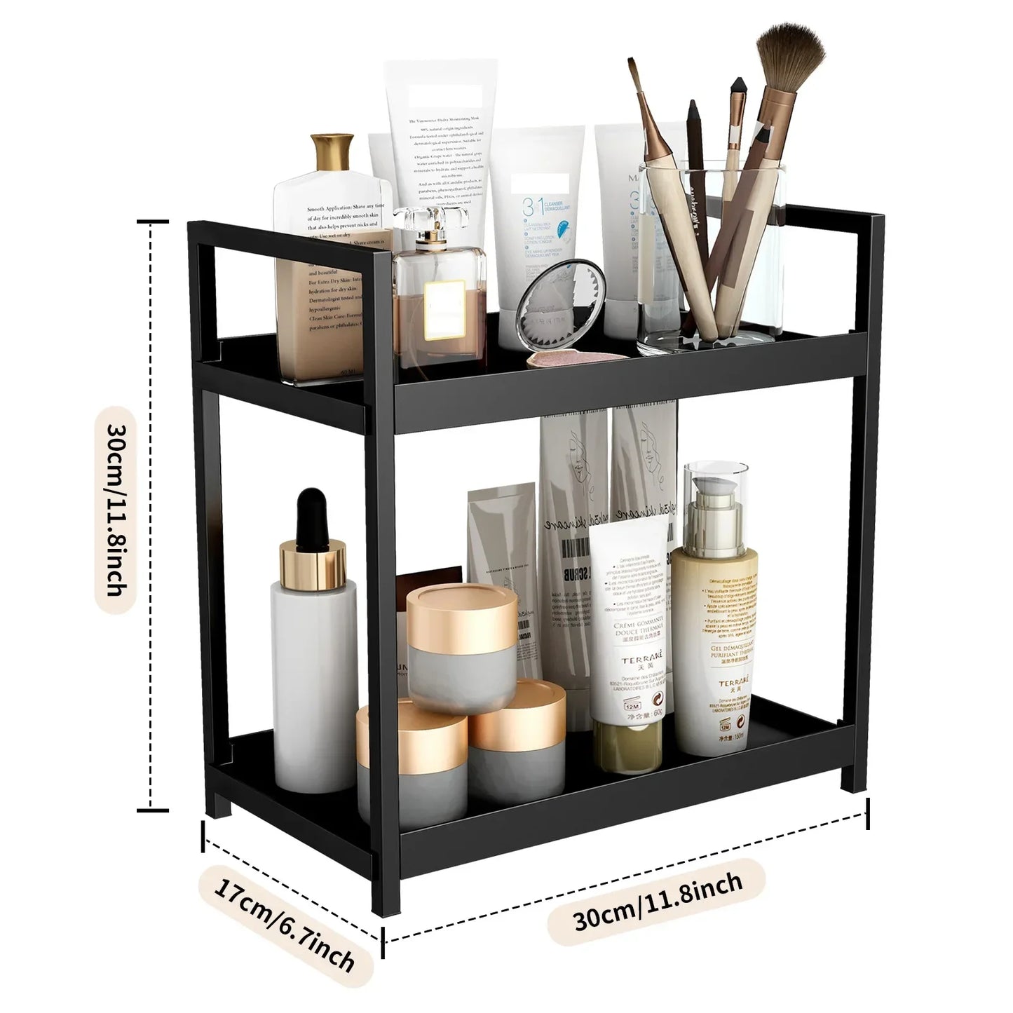 2 Tier Under Sink Organiser Sliding Cabinet Basket Organiser Storage Rack with Hooks Hanging Cup Bathroom Kitchen Organiser