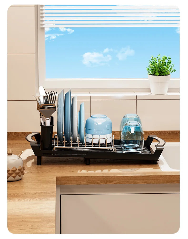 1pcs Expandable Small Dish Drying Rack Dish Racks for Kitchen Counter Dish Drainer with Removable Cutlery Holder
