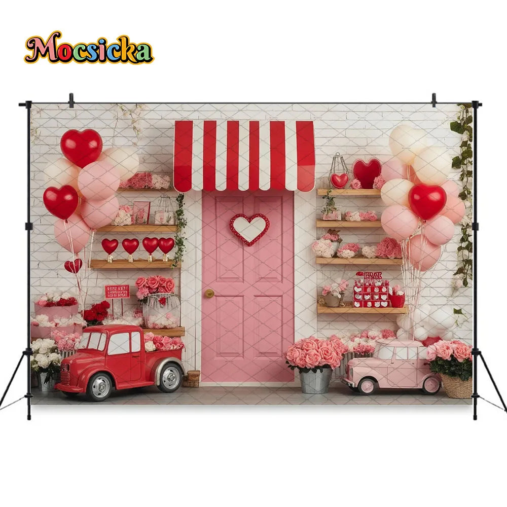 Mocsicka Valentine's Day Shop Backdrop Photography Pink Storefront Heart Balloon Red Rose Background Kids Birthday Photo Studio