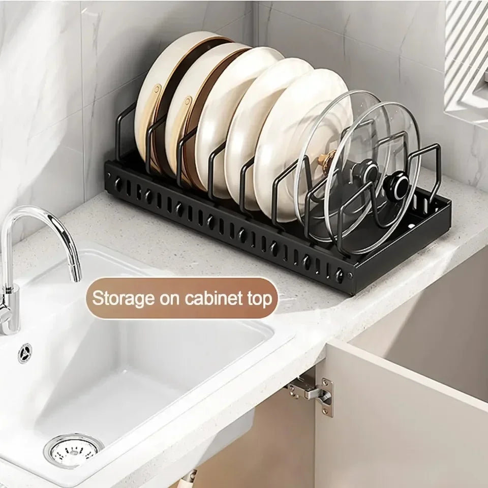1Pc Adjustable Pull Out Pot Pan Rack Kitchen Cabinet Organiser, Expandable Kitchen Storage Holder for Pots Pans Lids Dishes