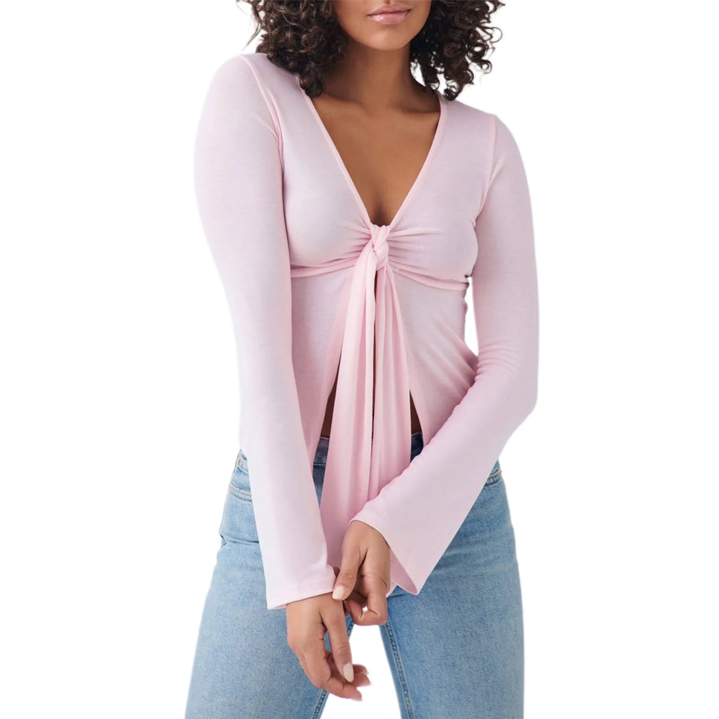 Women's Spring Summer Slimming Crop Tops Long Sleeve V Neck Tie Up Solid Color Trendy T-shirt