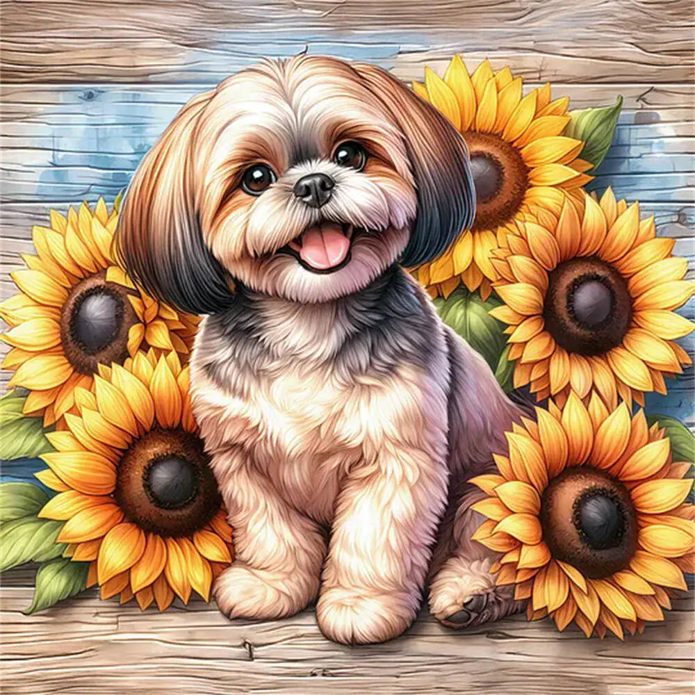 Huacan Diamond Mosaic Dog Animal Sunflower Flower Full Round Square Diamond Painting New Picture For Living Room Home Decoratio