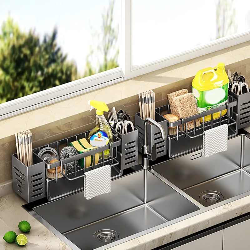 Stainless Steel Kitchen Sink Storage Rack, built-in Sponge Rack And Drainage Basket For Kitchen Cleaning And Storage