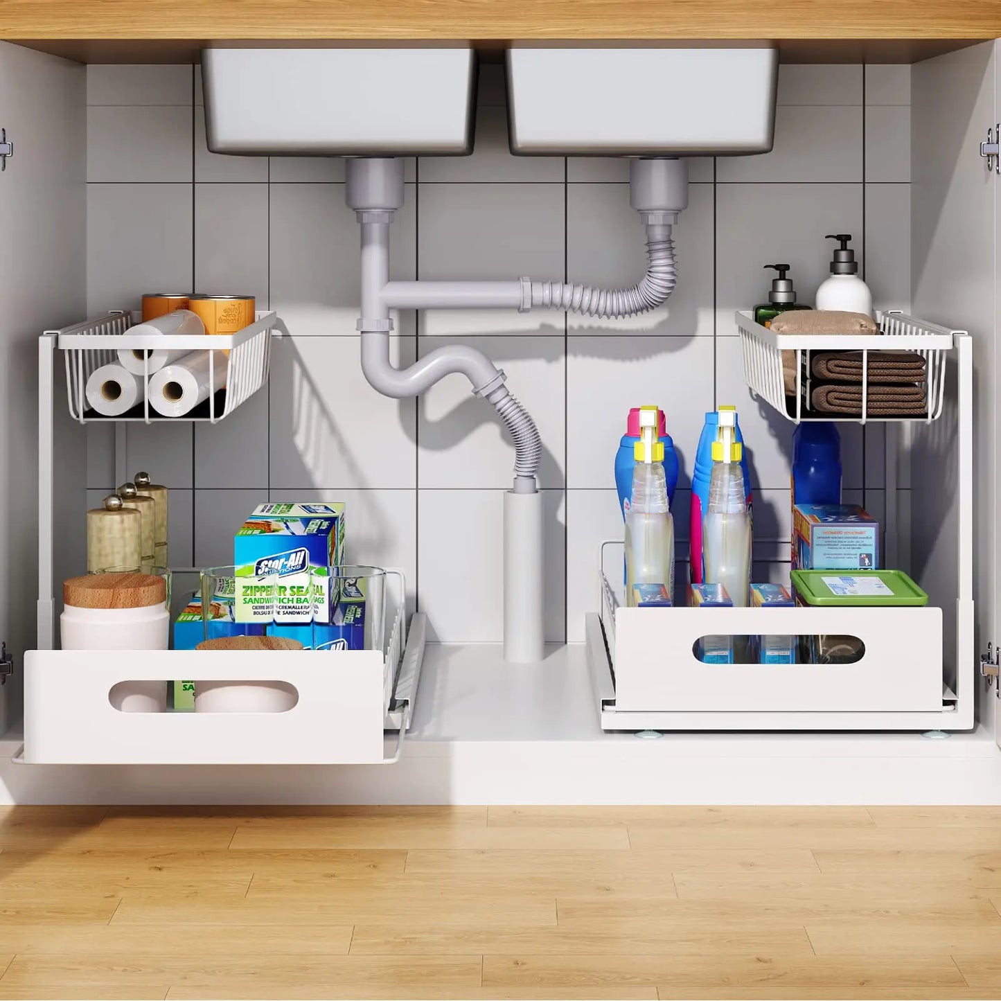 Under Sink 2 Tier Sliding Cabinet Basket Organiser Drawer Pull Out Cabinet Multi-Purpose  Sink Organiser for Bathroom Kitchen