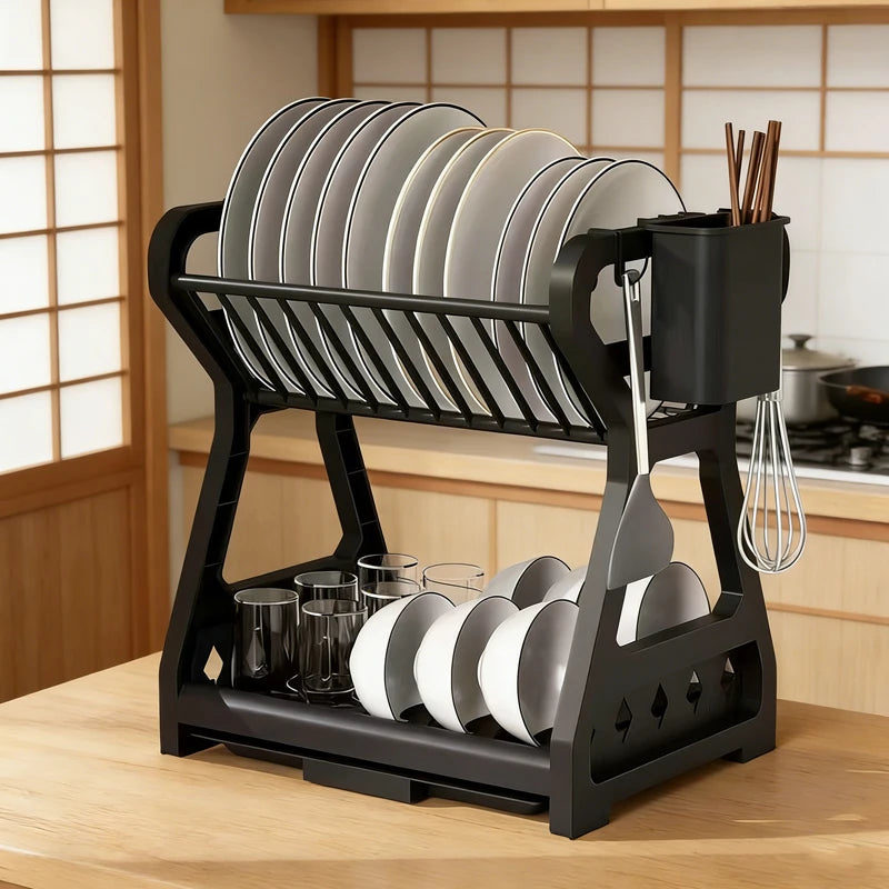 Kitchen Multifunctional Storage Rack, Bowl And Plate Organiser With Drainage Rack, Countertop Cutlery Storage Rack