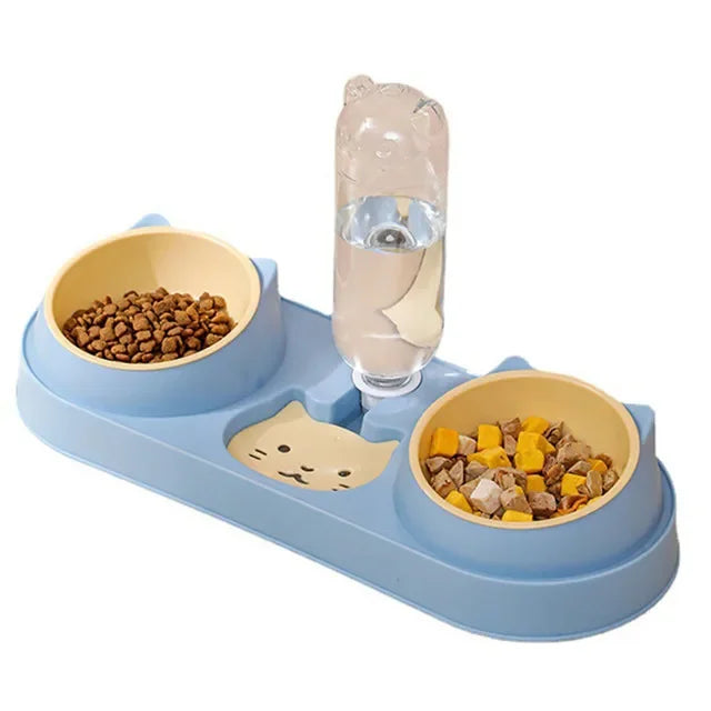 Automatic Double Bowl Feeder With Water Fountain Drinking Raised Stand