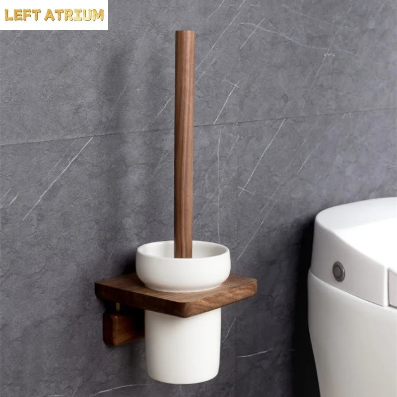 Bathroom Wood Toilet Brushes Ceramic Base Toilet Brush Holders Wall-mounted Brushes No-punch Wall-mounted Cleaning Brush Set