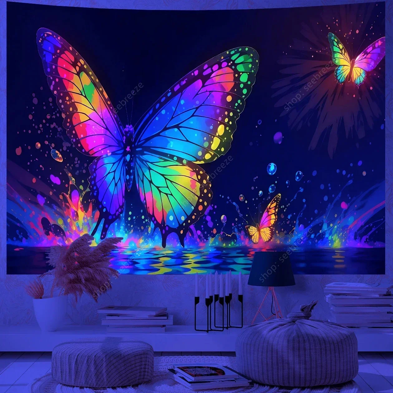 Butterfly Flower UV Reactive Tapestry Wall Hanging Hippie Boho Room Decor