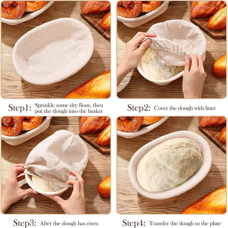 LMETJMA Bread Proofing Basket Round Oval Long Banneton Rattan Bread  Dough Proofing Proving Rattan Basket with Linen Liner Cloth