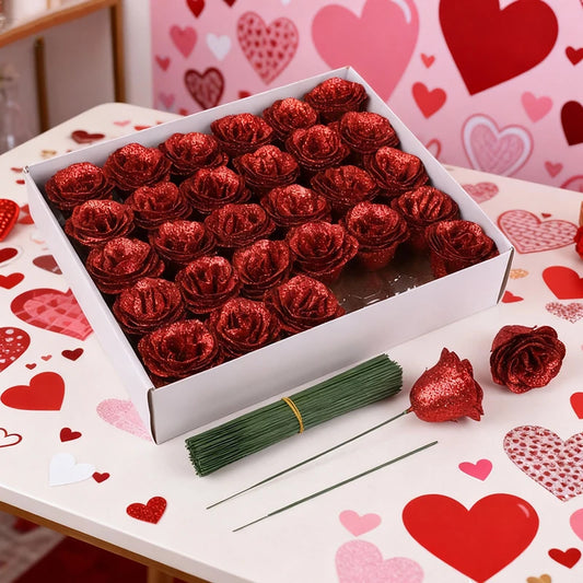 5-20Pcs Red Glitter Artificial Rose Flowers Bouquet Wedding Bridal Shower Decoration Valentines Day Gift Birthday Party Decor