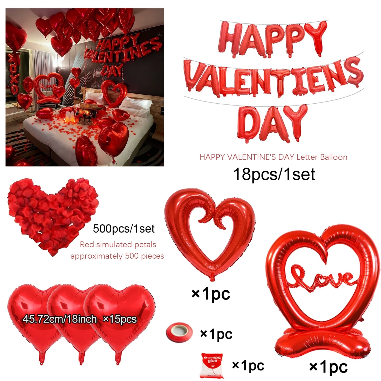 HAPPY VALENTIENS Balloon Set Red Aluminum Film Balloon Simulation Petals for Valentine's Day Wedding Decoration Balloon