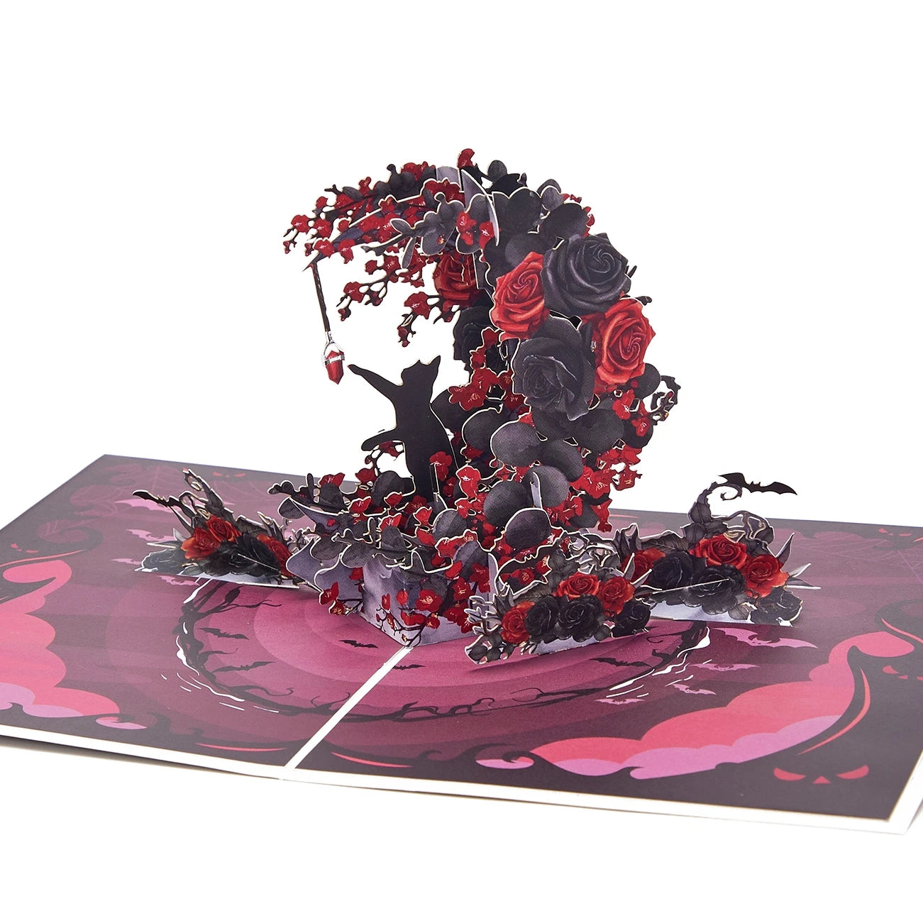 Exquisite Greeting Card Crescent Shape Pop Up Birthday Gifts Black Red Rose Elegant Cat Greeting Cards Creative Birthday Card