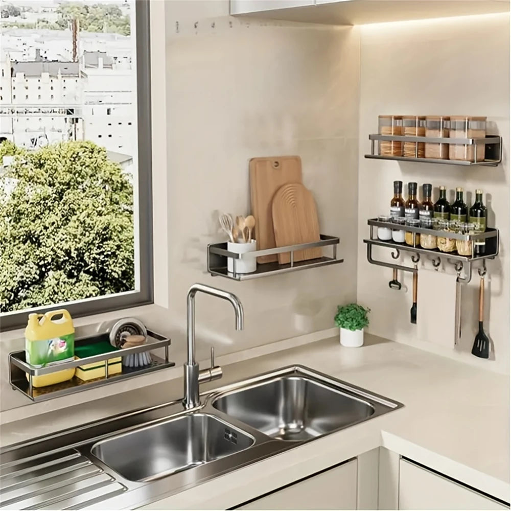 1 Multi-Functional Storage Rack With Rod Seasoning Rack Wall-Mounted Seasoning Storage Rack For Cooking Items