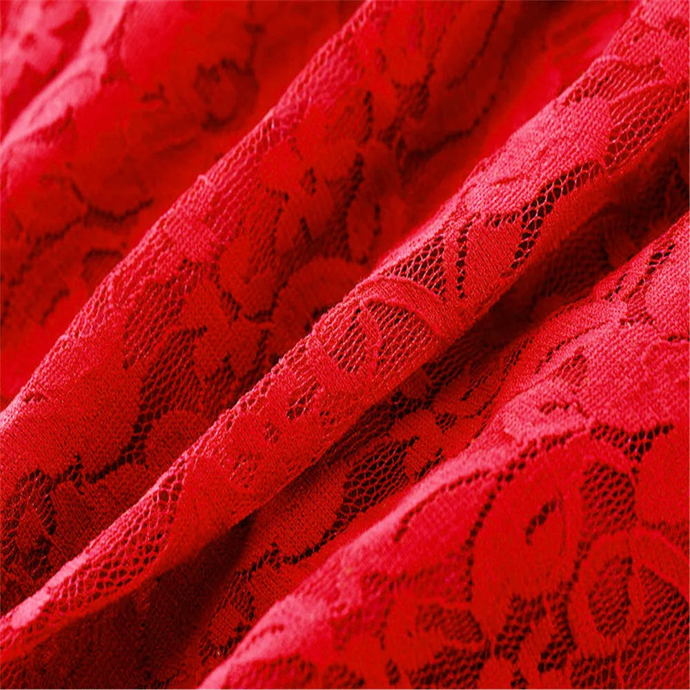 Women Summer Dress See-through Hollow Out Lace Short Sleeves Big Hem Mini Dress Round Neck A-line Prom Dress Women Clothes