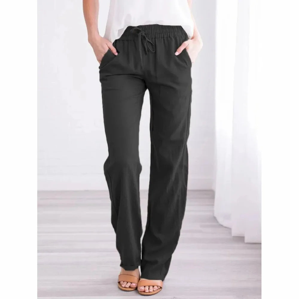 Women Cotton Linen Pants Summer and Autumn Solid High Waist Wide-Leg Trousers Female Loose Hemp Casual Breathable Sports Pants