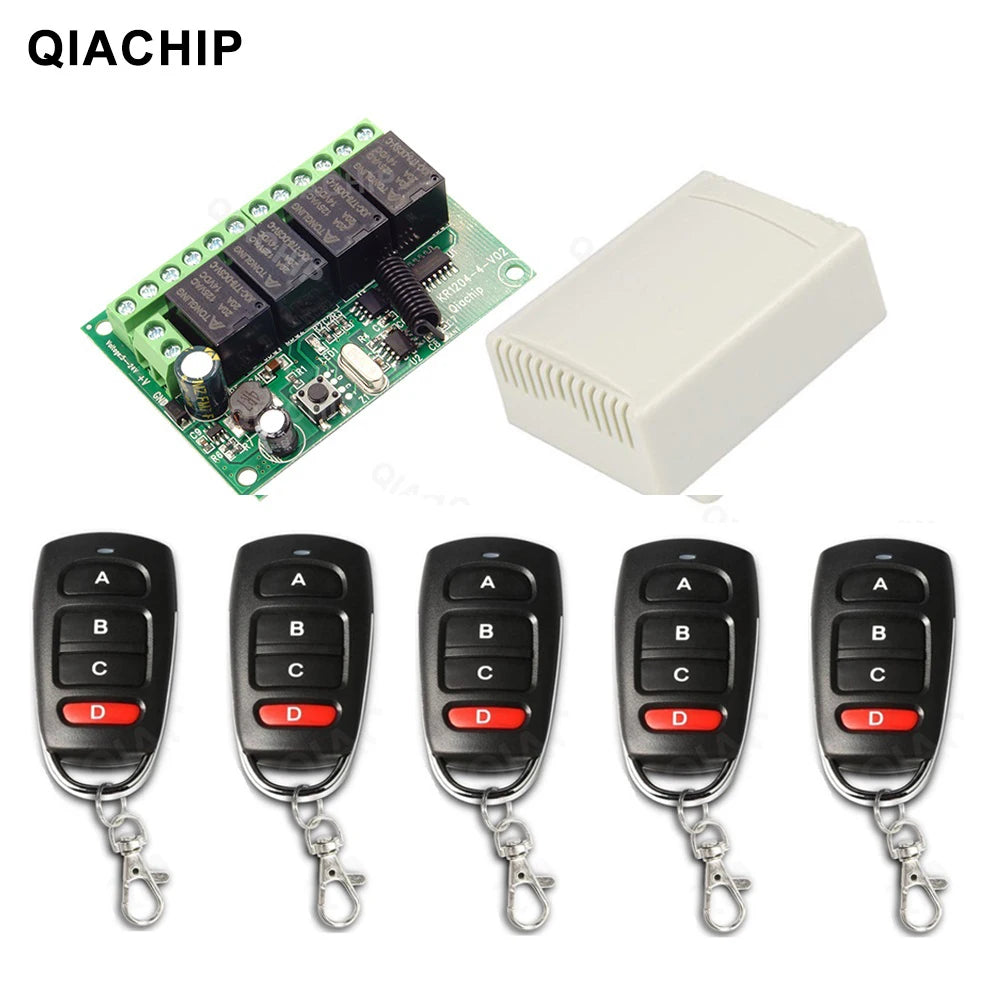 QIACHIP 4CH 433.92MHz Relay Module – DC 5V/12V/24V/48V 10A Wireless Remote Control Switch for EV1527, DC Motor DIY