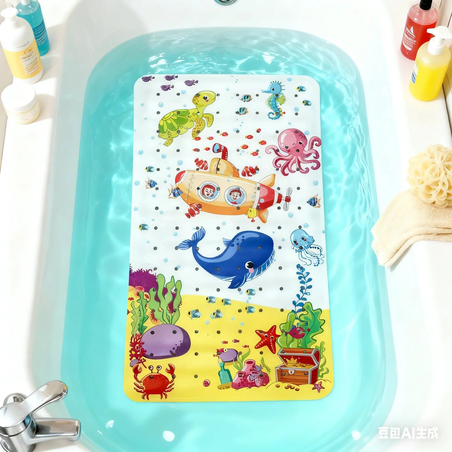 1pc Baby Bath Mat for Tub for Kids, Non Slip Cartoon Bathtub Mat Anti Slip with Drain Holes & Suction Cups,Underwater World