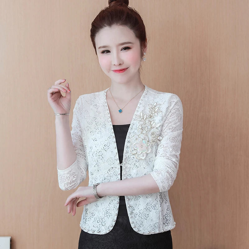 Short Lace  Long Sleeve Embroidery Cardigan