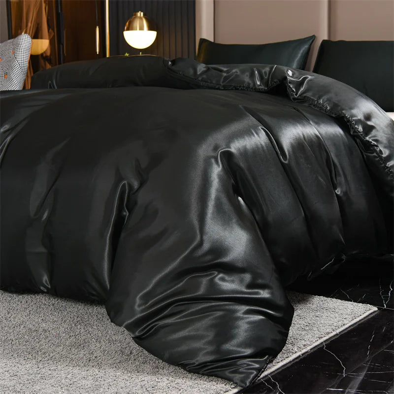 Silk Black 3pcs Satin Duvet Cover Bedding Set