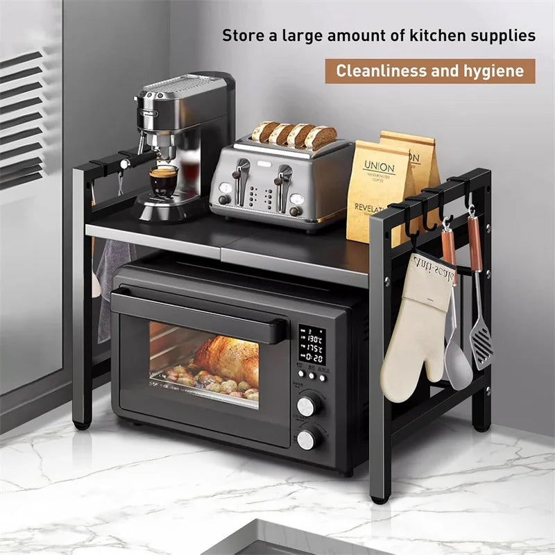Adjustable Space-Saving Microwave Rack – 100kg Capacity, Kitchen Shelf with Hooks & Storage Organiser (Black)