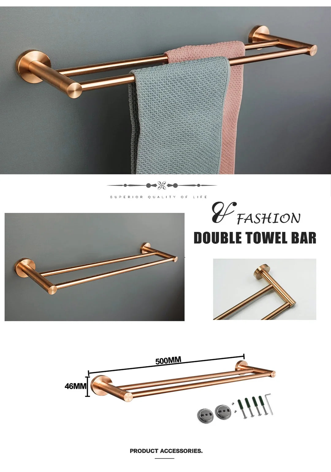 Brushed Rose Gold Towel Rack Single And Double Rod Ring Paper Holder Robe Hook Soap Dispenser Toilet Brush Bathroom Accessories