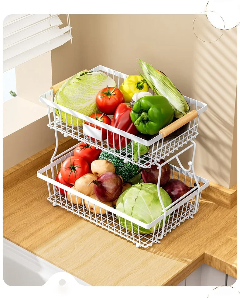 33*29cm deteachable fruit vegetable kitchen storage organisation racks holders double-layer trays wood hand SS home display