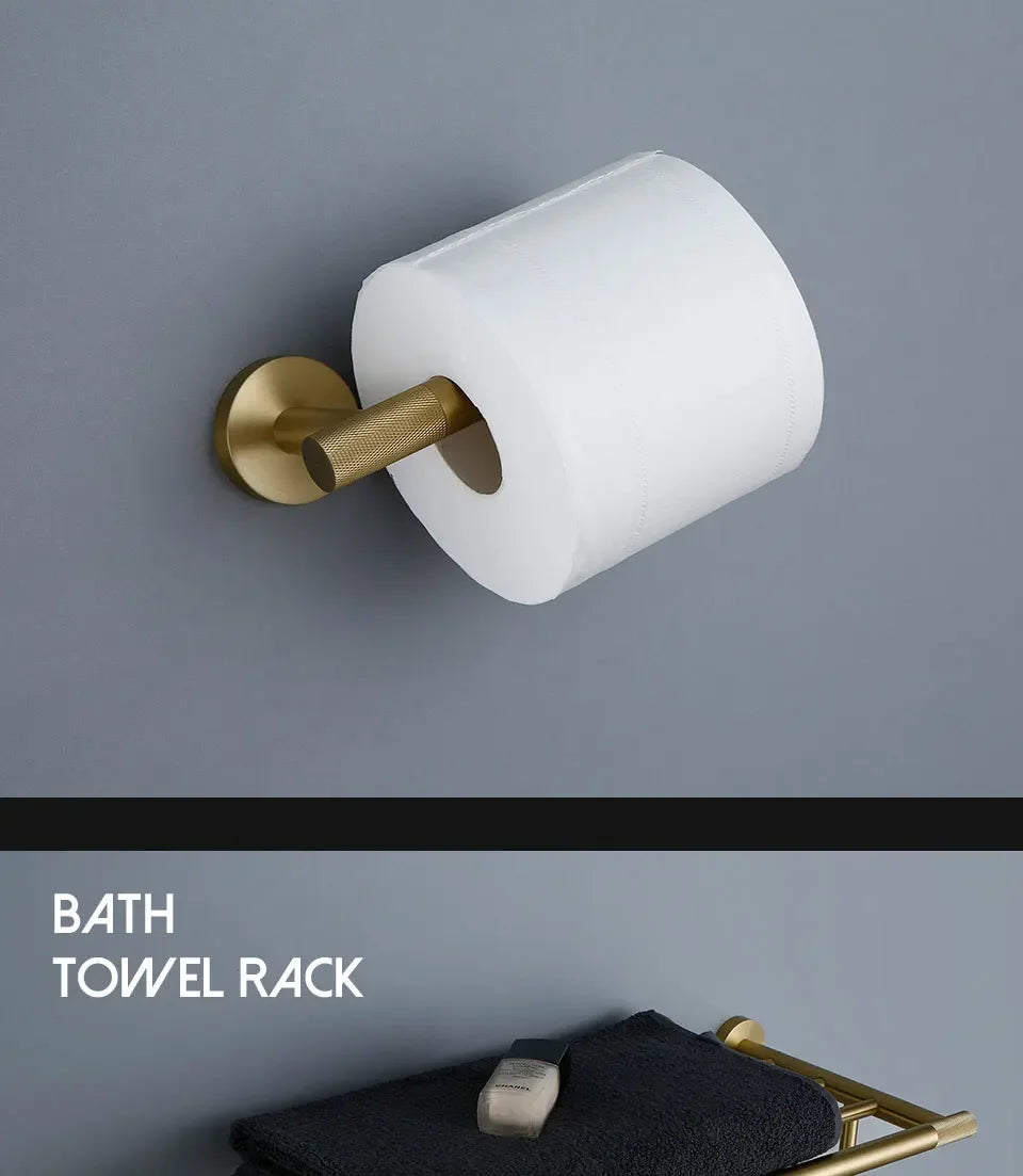 Bathroom Hardware Accessories  Brushed Gold Knurled Brass Kit Towel Bar Ring Robe Hook Paper Holder Towel Ring Toilet Brush