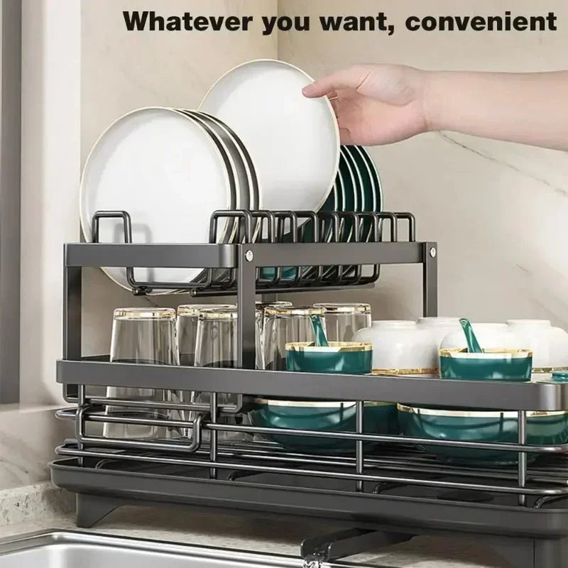 Double-layer Dish Rack Adjustable Draining Multifunctional Kitchen Countertop Organiser Hot-selling Bowls Plates Storage Saving