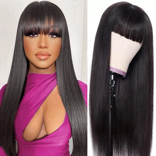 100% Human Hair Wig With Bangs Short Bob Human Hair Wigs For Black Women Cheap Brazilian Straight Black 30 Inch Long Fringe Wig