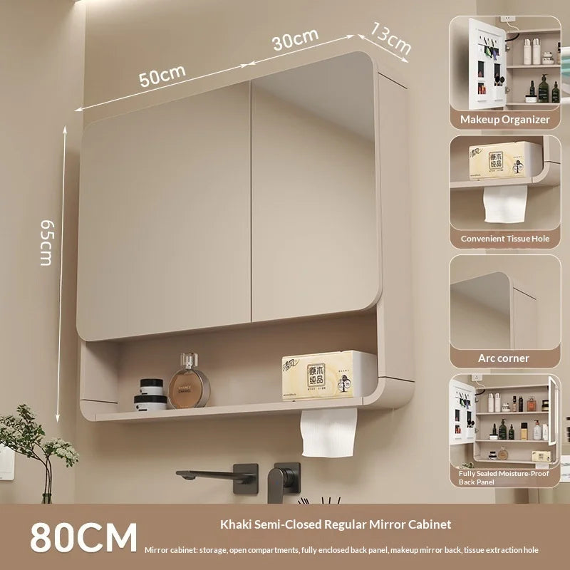 Bathroom Mirror Led Light Wall Mounted Carbon Fiber Curved Rounded Corner Smart Storage Mirror Cabinet Home Furniture Homehold